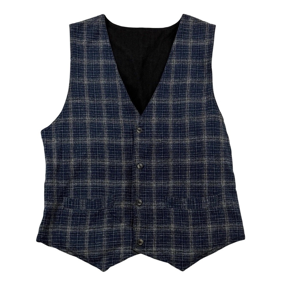 VTG Opus Reversible Vest Mens Small Blue Plaid Check & Solid Black 100% Cotton